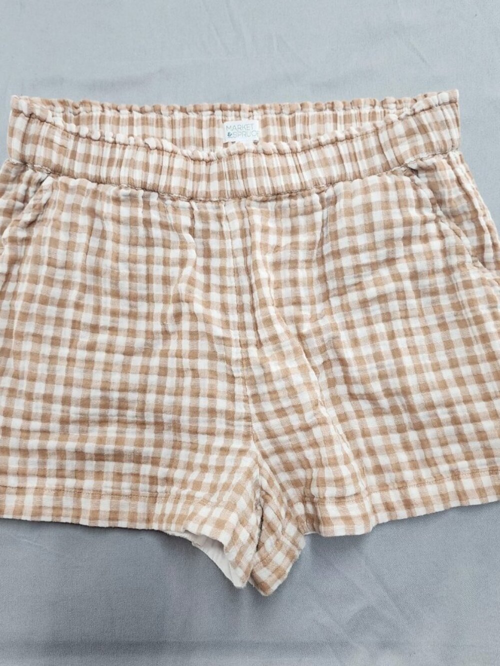 Market Spruce Womens L Beige White Gingham Shorts Cotton Pull On Elastic Waist